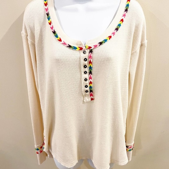 Free People Rainbow Thermal Henley Top Ivory M - Picture 13 of 16